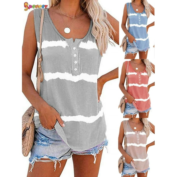 Summer Tops for Women Sleeveless Tie-Dye & Stripe V Neck Tank Top Vest T Shirts Casual Blouses